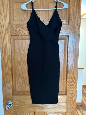 Lulu's Black V-Neck Spaghetti Strap Midi Sheath Dress